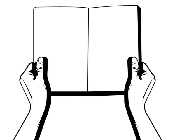 Két Kéz Egy Könyvet Tart Fehér Üres Papírral Üres Oldalak — Stock Vector