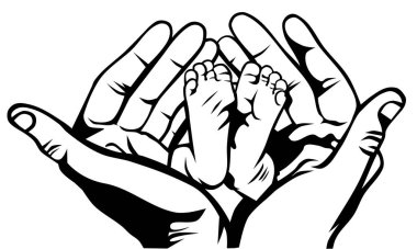 Siyah ve beyaz vektör çizimi bir annenin beyaz arka planda çocuğuna olan sevgisini gösteriyor. Bebek ayağı. Bebek doğdu..