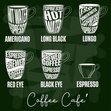 Different coffee in vintage style drawing with chalk on the blackboard.  clipart