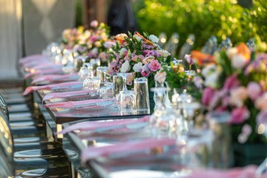 Mumlar ve çiçeklerle düğün masası seti.