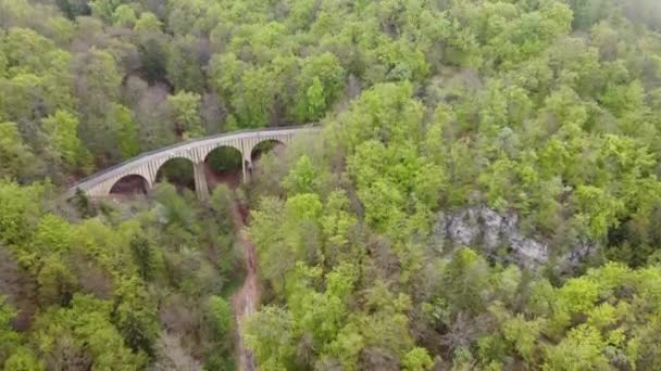 德国巴伐利亚Pisgah国家森林中的蓝岭公园的桥和公路上 空中推进上升 有人看见一辆卡车在路上行驶 优质Fullhd影片 — 图库视频影像