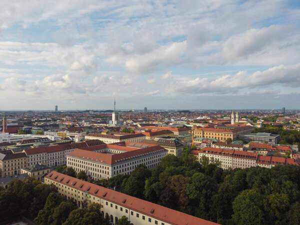 Scenic aerial panorama of the Old Town architecture of Munich, Bavaria, Germany. High quality photo. Evening view of the city from a drone
