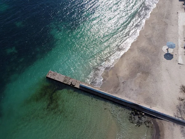 Aerial Top View Old Concrete Pier Breakwater Lighthouse Emerald Sea — Stock Photo, Image