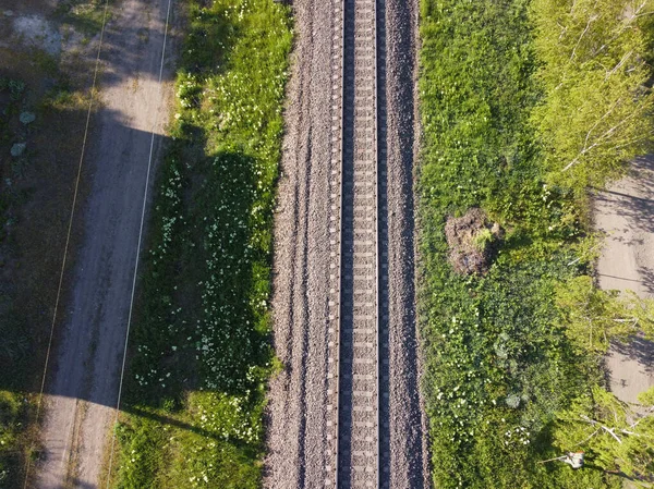 Σιδηροδρομικές Γραμμές Γραμμή Σιδηροδρομικών Γραμμών Σιδηροδρομικό Τρένο Εναέρια Φωτογραφία Πανοραμική — Φωτογραφία Αρχείου
