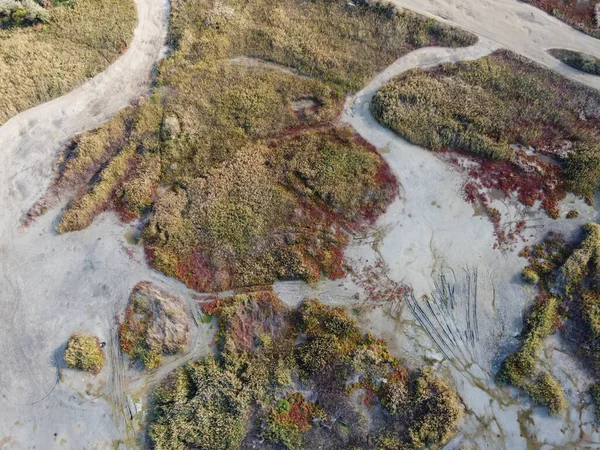 Bataklıktaki Toprak Kase Yolunun Üst Manzarası Parlak Ağaçları Gölü Olan — Stok fotoğraf
