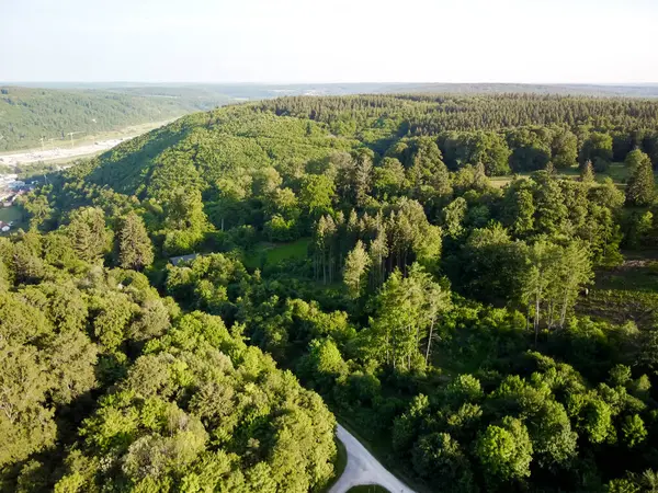 bird view over the forest into the landscape in Germany. German landscapes view with village and nice nature. High quality photo