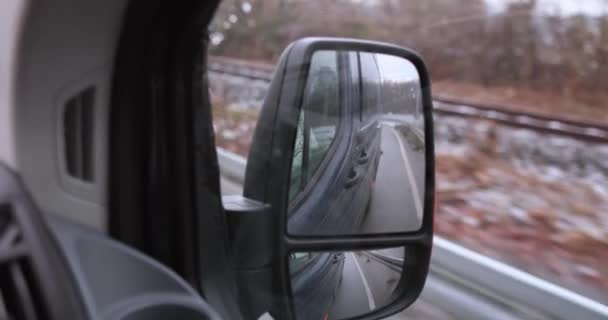 Driving Germany Dark Van Watching Rear View Mirror High Quality — Stockvideo