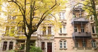 Viewing bright elegant building during sunny day, autumn trees. High quality 4k footage