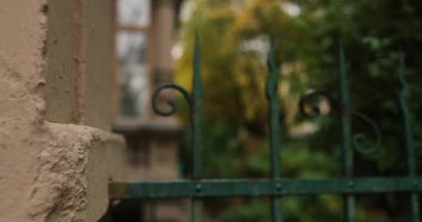 Approaching green painted steel fence guarding old city building from 1900. High quality 4k footage