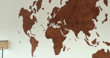 Wood World Map, vintage wall decoration, modern room white wall elegant. High quality 4k footage