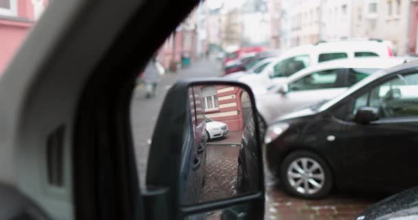 Van Parked German City Driver Seat Side Mirror Reflection High — Stockvideo
