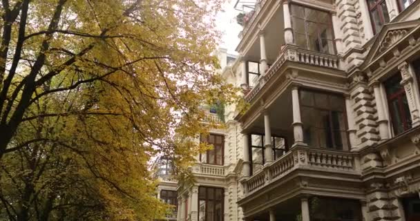 Golden Autumn Trees Rainy Day Old Building Resedential Area High — Stockvideo