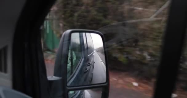 Side Mirror View Car Drive Dark Van Germany Bridge High — Stockvideo
