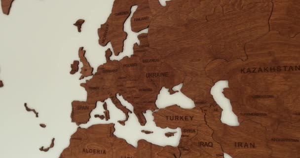 Wooden World Map Wall Decoration Modern Room White Wall Close — Wideo stockowe