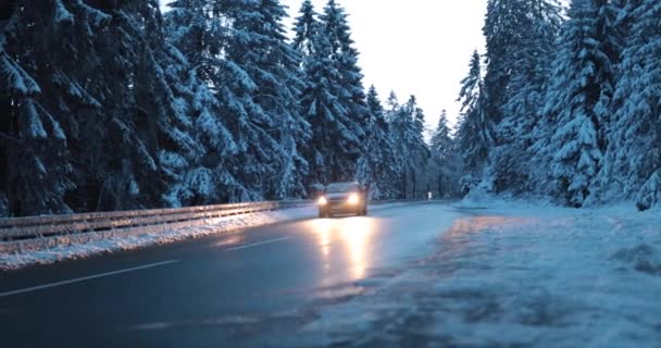 Auto Projíždějící Zimní Ulicí Obklopeno Zasněženým Lesem Vysoce Kvalitní Záběry — Stock video