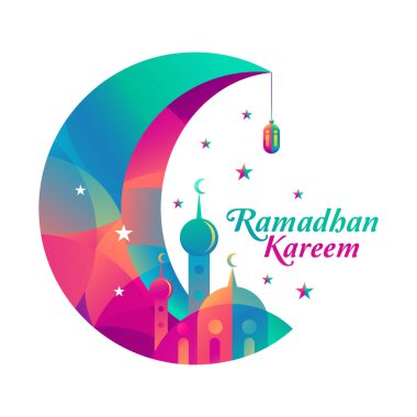 Ramadan kareem vector design with Islamic crescent moon, mosque, stars, lanterns hanging on crescent moon with colors. Islamic decoration.