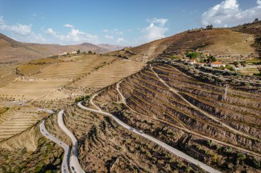 Douro Vadisi 'nin havadan görünüşü. Portekiz, Pinhao yakınlarındaki üzüm bağları ve manzarası. Portekiz şarap bölgesi. Güzel bir sonbahar manzarası. Portekiz 'de ve en güzel yerlerde seyahat kavramı..