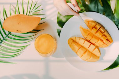 Üst ve düz yaz meyveleri güzellik kadınından el ele tutuş mango suyu ve mango dilimi için çatal kullanın tropikal yaprak gölgesi ve beyaz arka plan ile