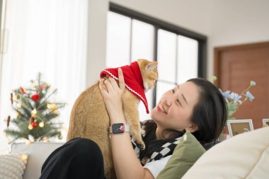 Asyalı kadın, İngiliz kedisiyle yeni yıl ve derorate noeli boyunca oturma odasında oynuyor.