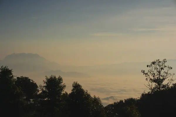 Travel People Activity Concept Twilight Sky Sunrise Mountain Fog Foreground — Stok fotoğraf
