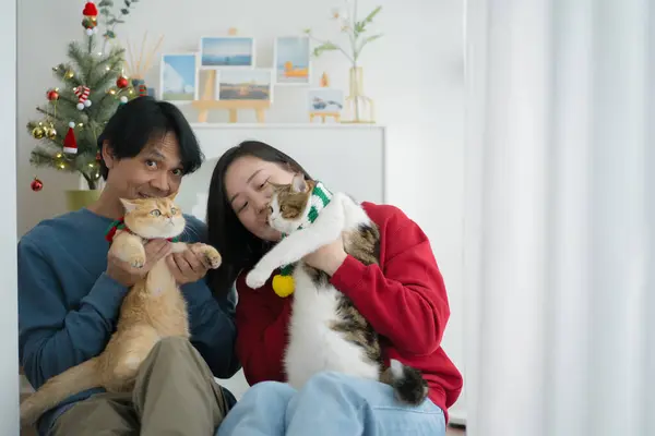 wellness at home concept with asian couple happy decorate house and play with cat at living room