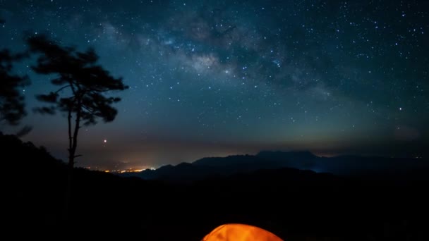 Nature Traveling Timelapse Zoom Orange Camping Tent Mountain Milky Way — Stock Video