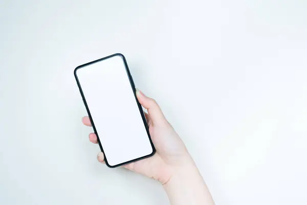 Kontaktlos Neuen Normalkonzept Von Frauenhand Und Smartphone Mit Weißem Isoliertem Stockbild