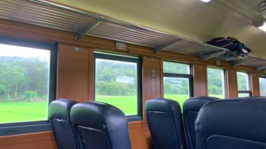 Tren hareket ediyor ve pencereden geçen dağ ve tropikal ağacı görüyor.
