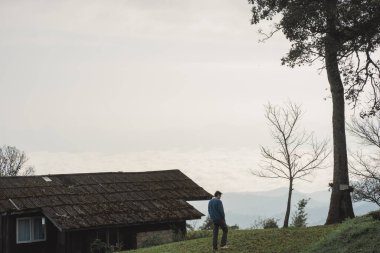 Manzara ve seyahat kavramı, dağdaki ormanla birlikte gün doğumuyla birlikte.