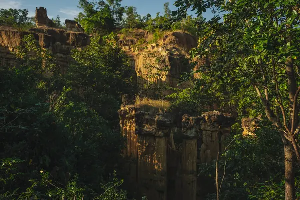seyahat ve insanlar tropikal ormanda dağ ve kaya ile aktivite kavramı