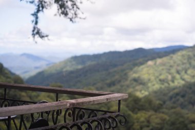 Dijital göçebe konsepti. Kahvehane manzaralı ahşap teras.