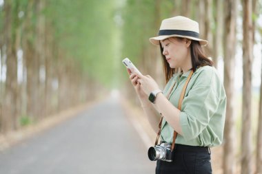Asyalı kadın seyahat sırasında telefon kontrol haritası kullanır ve bahar mevsiminde açık havada dinlenir.