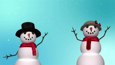 Açık mavi arka planda sallanan kar taneleri ve kardan adam animasyonu. Noel, gelenek, kış ve kutlama konsepti dijital olarak oluşturulmuş video.