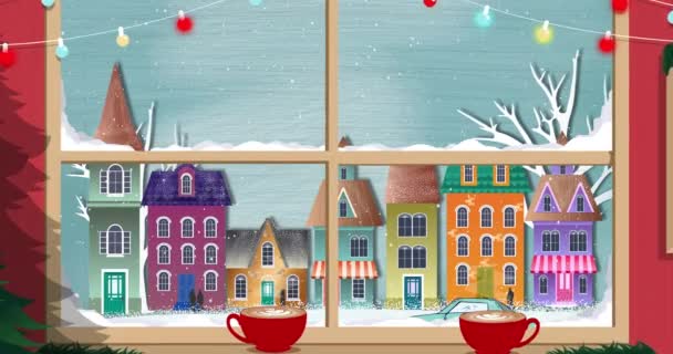 Animazione Finestra Neve Che Cade Sul Paesaggio Invernale Natale Tradizione — Video Stock