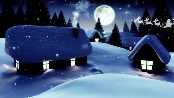 Анімація Снігу Падає Над Різдвяним Санта Клаусом Санчатах Оленями Зимовими — стокове відео