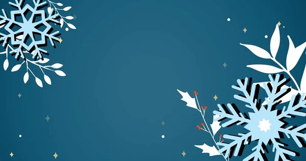 Ilustracja Płatków Śniegu Wzór Liści Niebieskim Tle Przestrzeń Kopiowania Święta — Zdjęcie stockowe