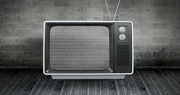 Composite Της Τηλεόρασης Αντίκες Δυσλειτουργία Στην Οθόνη Πάνω Από Τραπέζι — Φωτογραφία Αρχείου