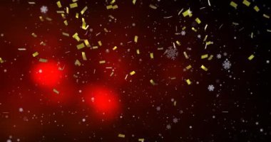 Kırmızı zemine yağan konfeti ve kar animasyonu. Noel, gelenek, kış ve kutlama konsepti dijital olarak oluşturulmuş video.
