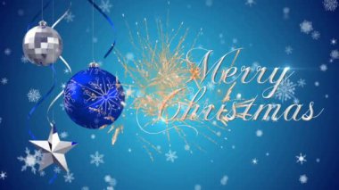 Mavi arka planda mutlu noeller üzerine düşen kar tanelerinin animasyonu. Noel, kış, gelenek ve kutlama konsepti dijital olarak oluşturulmuş video.