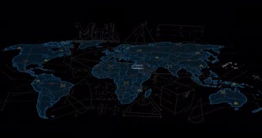 Siyah arkaplanda simgeler olan dünya haritasının animasyonu. Veri işleme, ağ ve teknoloji konsepti dijital olarak oluşturulmuş video.
