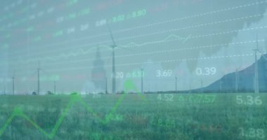 Finansal verilerin ve rüzgar türbinleriyle ilgili grafiklerin canlandırılması. Çevre gücü, yeşil enerji, finans ve ekonomi kavramı dijital olarak oluşturulmuş video.