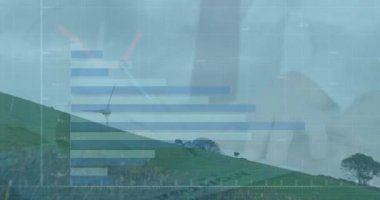 Rüzgar türbininin üzerindeki grafiklerin animasyonu. Ekoloji, yeşil enerji, eko güç, finans ve ekonomi kavramı dijital olarak oluşturulmuş video.