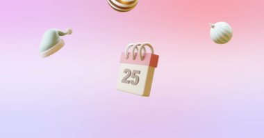 Takvim animasyonu 25 numara ve pembe arka planda noel süslemeleri. Noel, gelenek ve kutlama konsepti dijital olarak oluşturuldu.