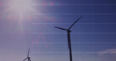 Finansal verilerin animasyonu ve rüzgar türbinleriyle manzara üzerinde grafikler. Ekoloji, yeşil enerji, eko güç, finans ve ekonomi kavramı dijital olarak oluşturulmuş video.