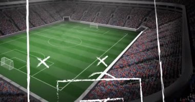 Stadyum planının üzerindeki spor stadyumunun animasyonu. Küresel spor ve dijital arayüz kavramı dijital olarak oluşturulmuş video.