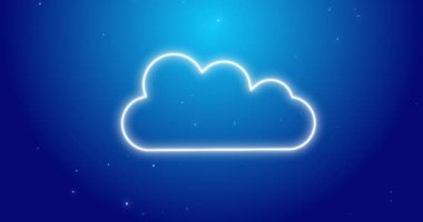 Mavi arka planda kar taneleri ve neon bulutlarının animasyonu. Noel, bulut hesaplama, teknoloji ve kutlama konsepti dijital olarak oluşturulmuş video.