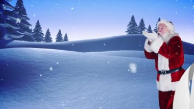 Kar yağışının animasyonu ve Noel Baba 'nın üzerine Mutlu Noeller mesajı. Noel, kış, gelenek ve kutlama konsepti dijital olarak oluşturulmuş video.