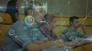 Dersler sırasında çeşitli öğrenci sınıfları üzerinden bağlantı ağının animasyonu. Akademik eğitim, ağ ve teknoloji konsepti dijital olarak oluşturulmuş video.