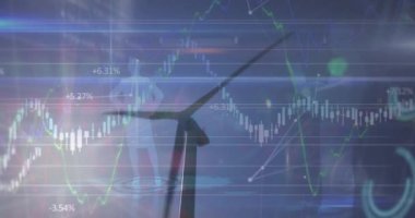 Finansal verilerin animasyonu ve rüzgar türbinleriyle manzara üzerinde grafikler. Ekoloji, yeşil enerji, eko güç, finans ve ekonomi kavramı dijital olarak oluşturulmuş video.