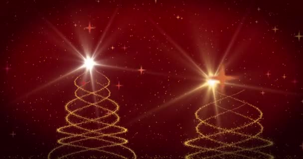 赤い背景の上にコンフェッティとクリスマスツリーの落下のアニメーション クリスマスの伝統とお祝いのコンセプトデジタル生成ビデオ — ストック動画